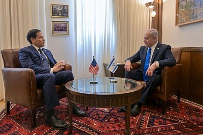 U.S. Secretary of State Marco Rubio (left) and Israeli Prime Minister Benjamin Netanyahu exchange greetings before delivering a joint statement to the media at the Prime Minister's Office in Jerusalem,