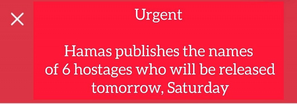 Breaking News:Hamas announces quick handover of Israeli prisoners tomorrow, Saturday