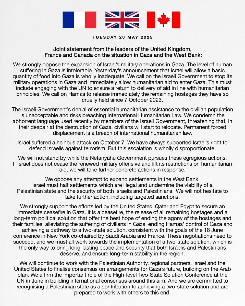 Keir Starmer: My joint statement with @EmmanuelMacron and @MarkJCarney on the situation in Gaza and the West Bank.