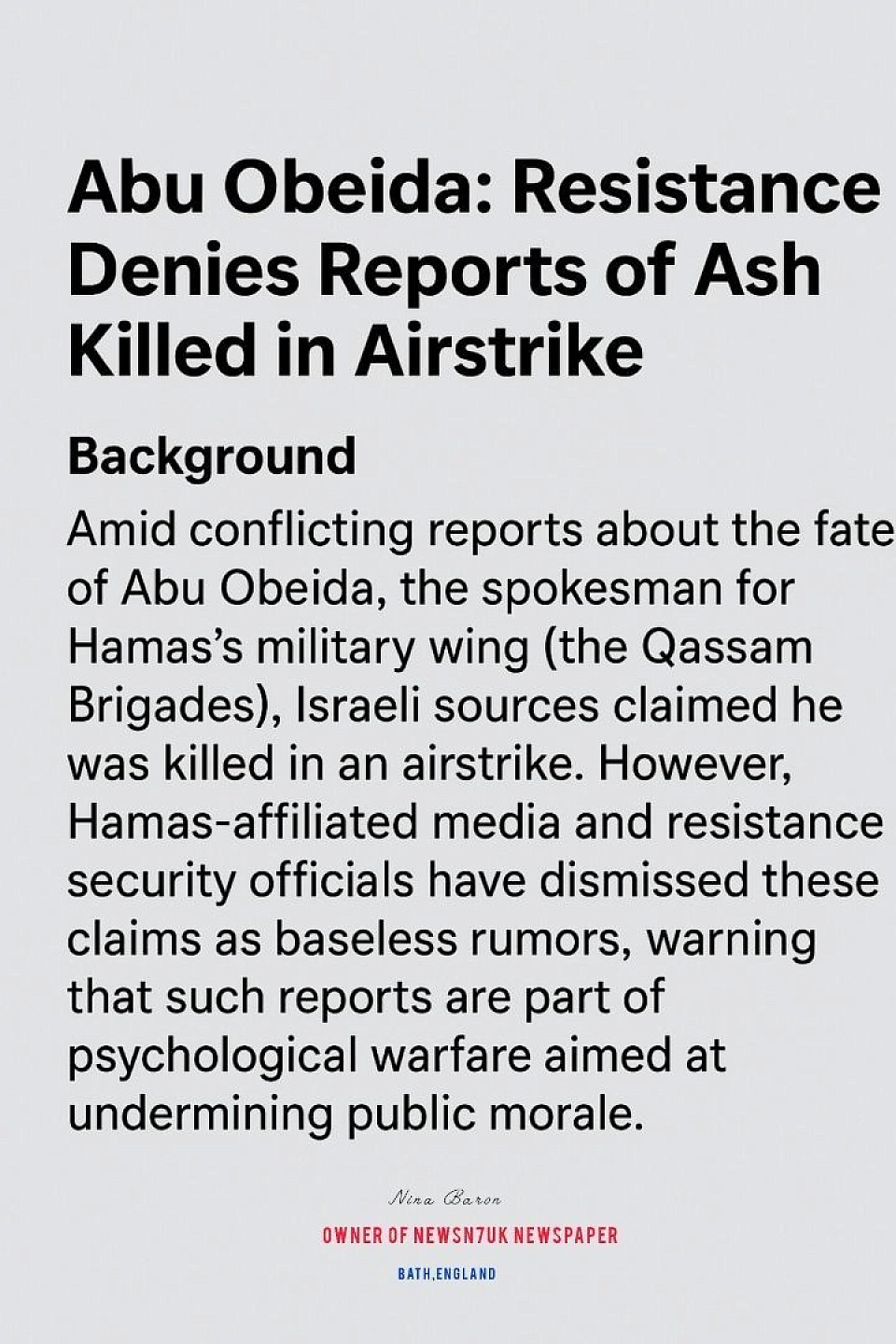 Nina Baron's report on the news of Abu Ubaidah's martyrdom