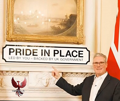 Sir Keir Starmer in front of the Pride of the Place logo
