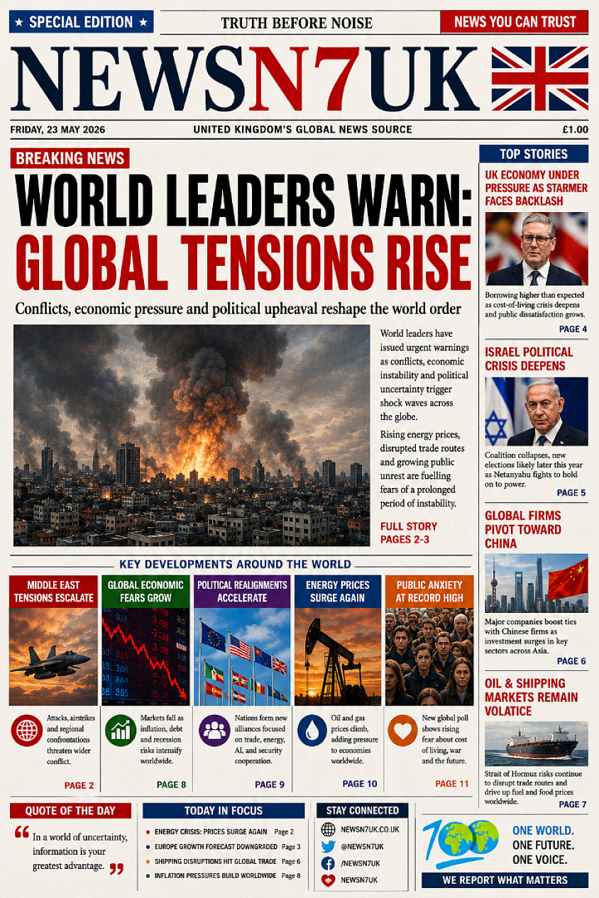 Global Breaking Political & Economic News — May 22, 2026  Middle East conflict continues to shake the global economy  The ongoing Iran-related regional conflict is still driving major economic disruption worldwide. European growth forecasts have been downgraded as energy prices surge again, with inflation pressures rising across the eurozone. Analysts warn the crisis could deepen if oil and shipping disruptions continue.   UK economy under pressure as Starmer faces growing backlash  UK Prime Minister Keir Starmer is facing increasing political pressure amid the worsening cost-of-living crisis. New figures show UK government borrowing rose sharply to £24.3 billion in April — higher than expected — while retail sales also dropped. Public dissatisfaction over inflation, mortgages, and energy costs is intensifying.   Israel political crisis deepens  Benjamin Netanyahu is confronting one of the most serious political crises of his career after Israel’s coalition government collapsed. Reports indicate new elections could take place later this year, while opposition alliances are reshaping Israeli politics.    Global firms pivoting toward China  Major international companies are increasingly strengthening ties with Chinese firms as geopolitical uncertainty grows. JPMorgan says investment activity in Asia-Pacific has surged in 2026, especially in pharmaceuticals, energy, and technology sectors.   Oil and shipping markets remain volatile  The closure risks around the Strait of Hormuz continue to alarm global markets. Shipping disruptions and higher fuel costs are affecting trade routes, fertilizer exports, and food prices worldwide. Economists warn prolonged instability could trigger stagflation risks in several economies.   Rising global fears over economic instability  New international polling shows economic anxiety is increasing across Europe and Asia-Pacific. Concerns over inflation, war, energy security, and declining living standards are dominating public opinion in many countries.   Global political realignments accelerating  International analysts say the world is entering a new phase of geopolitical fragmentation, with countries increasingly forming regional alliances focused on trade, AI, energy security, and military cooperation.