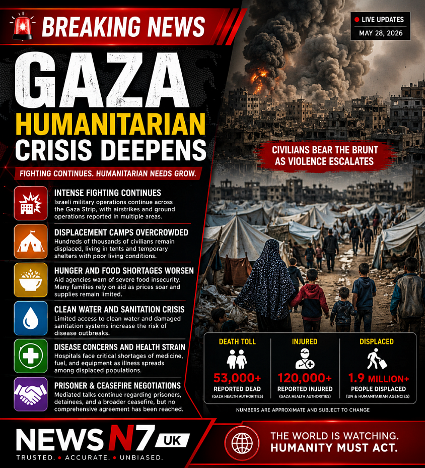 Overall, the main developments remain:  Continued Israeli military operations across Gaza.  Severe humanitarian conditions in displacement camps.  Ongoing hunger and health crises.  International pressure to increase aid access.  Continued negotiations related to prisoners, detainees, and broader ceasefire arrangements.