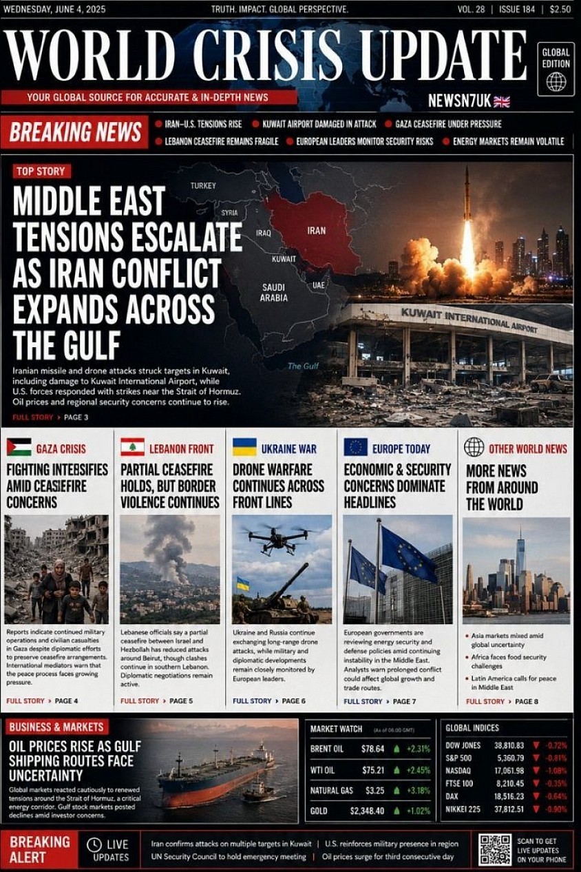 Breaking News Ticker  🔴 Iran and the United States escalate tensions 🔴 Kuwait Airport damaged in attack 🔴 Gaza ceasefire under pressure 🔴 Lebanon ceasefire remains fragile 🔴 European leaders monitor security risks 🔴 Energy markets remain volatile #Breakingnews, #livenews, #news #Newsn7uk