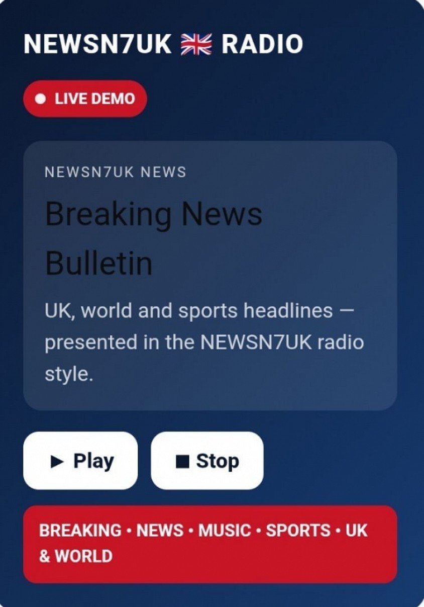 📻👍🎶❤️🇬🇧      NEWSN7UK Radio — Coming Soon.      Breaking stories.     United voices.     News • Music • Sport • Climate • Strength • Life      A little different.     A little special.     NEWSN7UK.     🎙️📰🎶